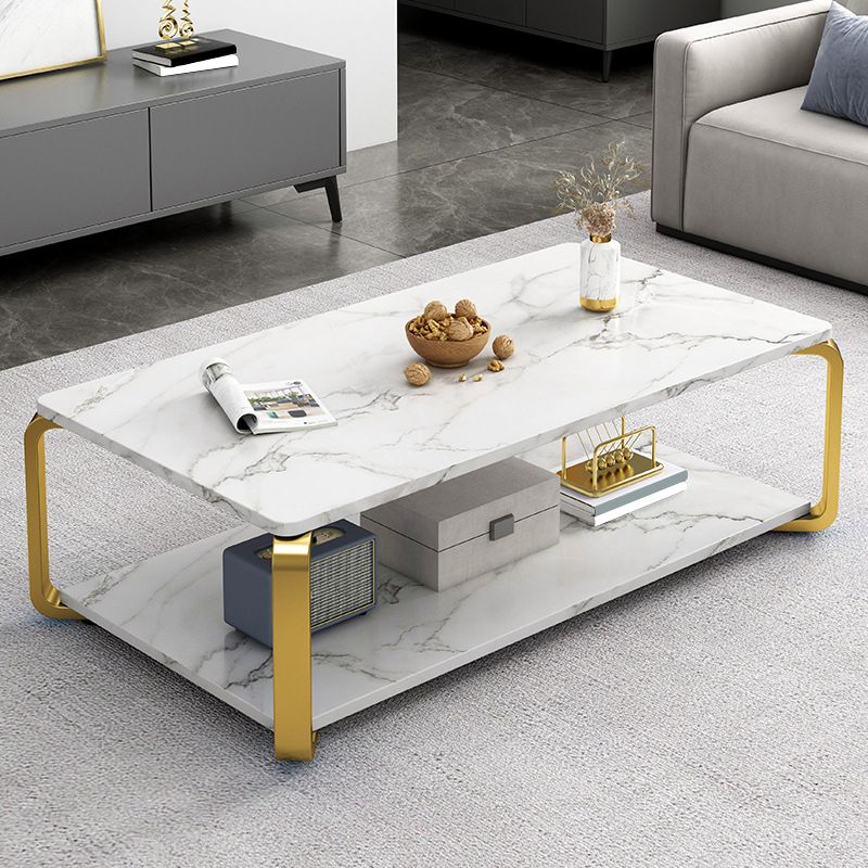 Glam Frame Coffee Table Slate Rectangular Cocktail Table with Storage Shelf