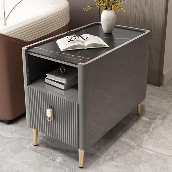 Modern Stone Top End Table 4 Legs Side Table with Drawer and Shelf