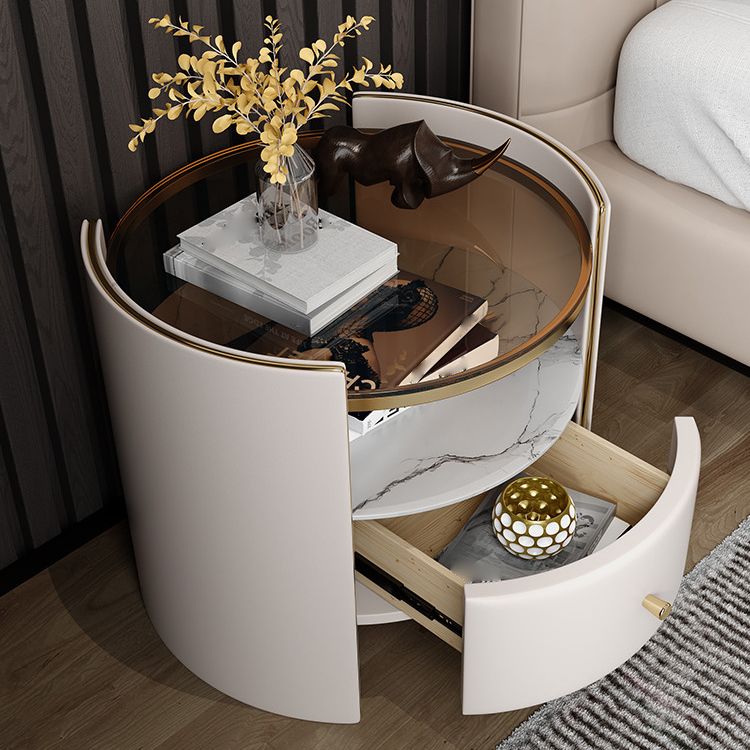 1-Drawer Glass Top Nightstand, 19.69" Tall 1-Shelf Leather Night Stand