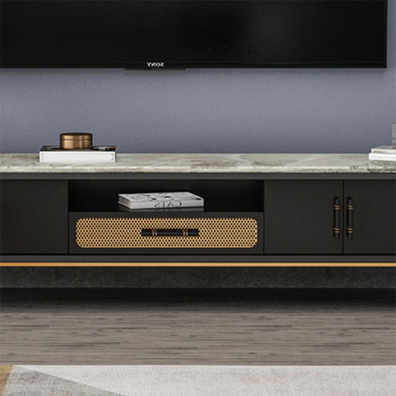 Glam Stone TV Stand Console Black Open Storage Media Console with Doors Clearhalo 'furn' 'furn_tv_stands_entertainment_centers' 'Furniture' 'Living Room Furniture' 'TV Stands & Entertainment Centers' 'TV Stands & Media Storage Furniture' 'tv_stands_entertainment_centers' 1200x1200_9d52cdcb-e78a-4c57-a47a-fd01465cfaa6