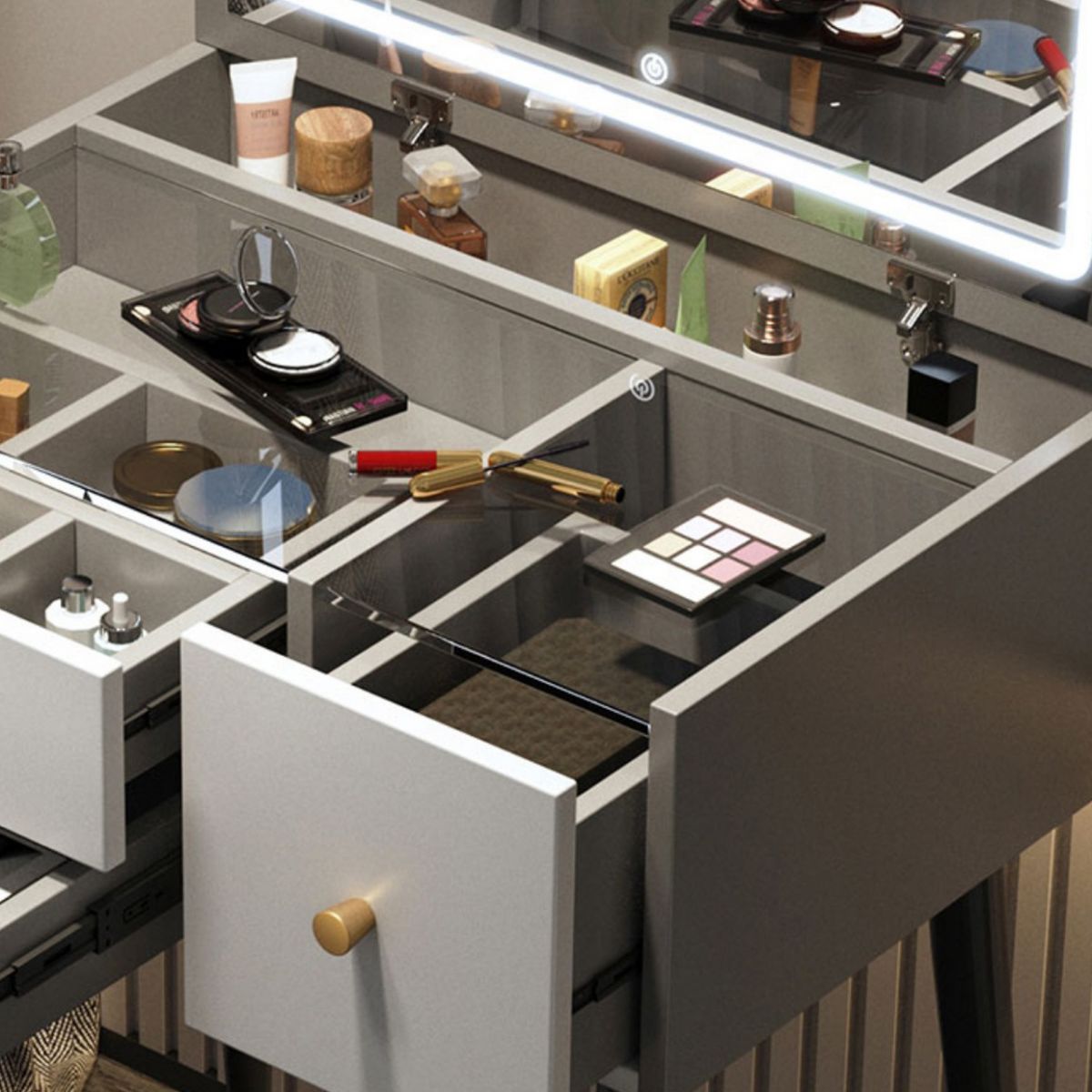 Glam Mirrored Glass Vanity Desk 3 Drawer Vanity Dressing Table Clearhalo 'Bedroom Furniture' 'furn' 'furn_makeup_vanities' 'Furniture' 'Makeup Vanities' 'makeup_vanities' 1200x1200_9d5daa30-48ca-45cc-9ba7-3c1ccedc3e9a