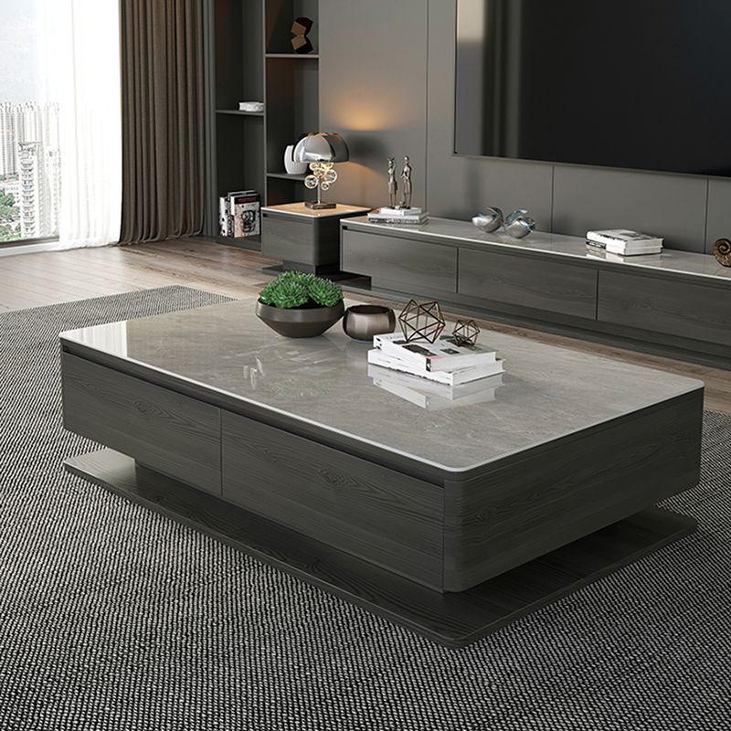 Tavolino da caffè rettangolare di pietra rettangolare contemporanea 16,9 "tavolo da cocktail a blocco H con 4 cassetti