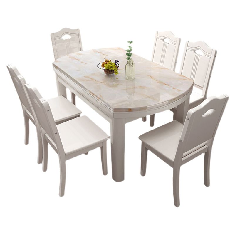 7 -delige eetkamerstoel en tafel ingesteld in witte, eigentijdse stijl