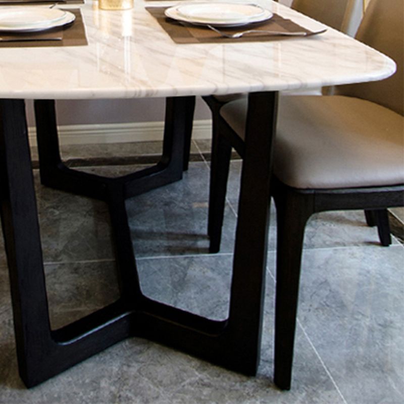 Mesa de comedor blanca de piedra rectangular moderna con base de caballete negro de cenizas