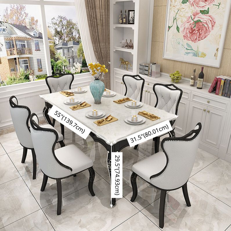Victorian Style Marble Dining Set with White Rectangle Table and 4 Black Legs Base for Home Use Clearhalo 'Dining Room Sets' 'Dining Tables & Seating' 'dining_room_set' 'furn' 'furn_dining_room_set' 'Furniture' 'furniture_dining_room_set' 'Kitchen & Dining Furniture' 'kitchen&dining_furn' 'kitchen' 1200x1200_9d89b7d7-9569-4cf1-9d53-7ce777ea590b