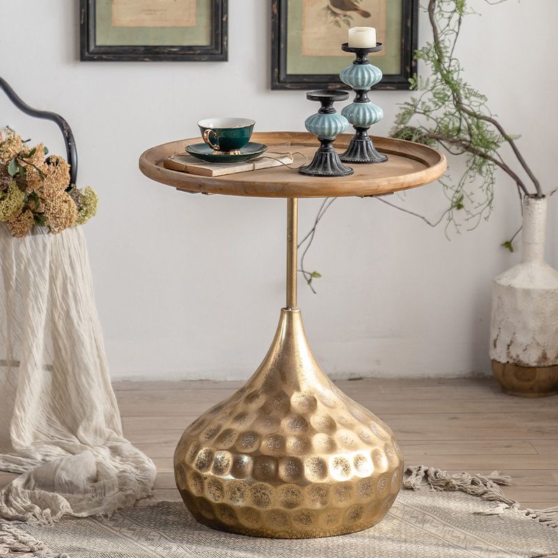 Table basse ronde en bois vieilli, table de cocktail sur pied en métal