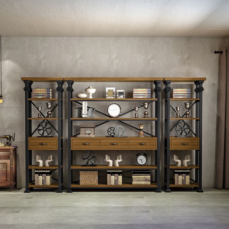 Open Back Standard Bookcase Industrial Wooden Bookshelf with Drawers