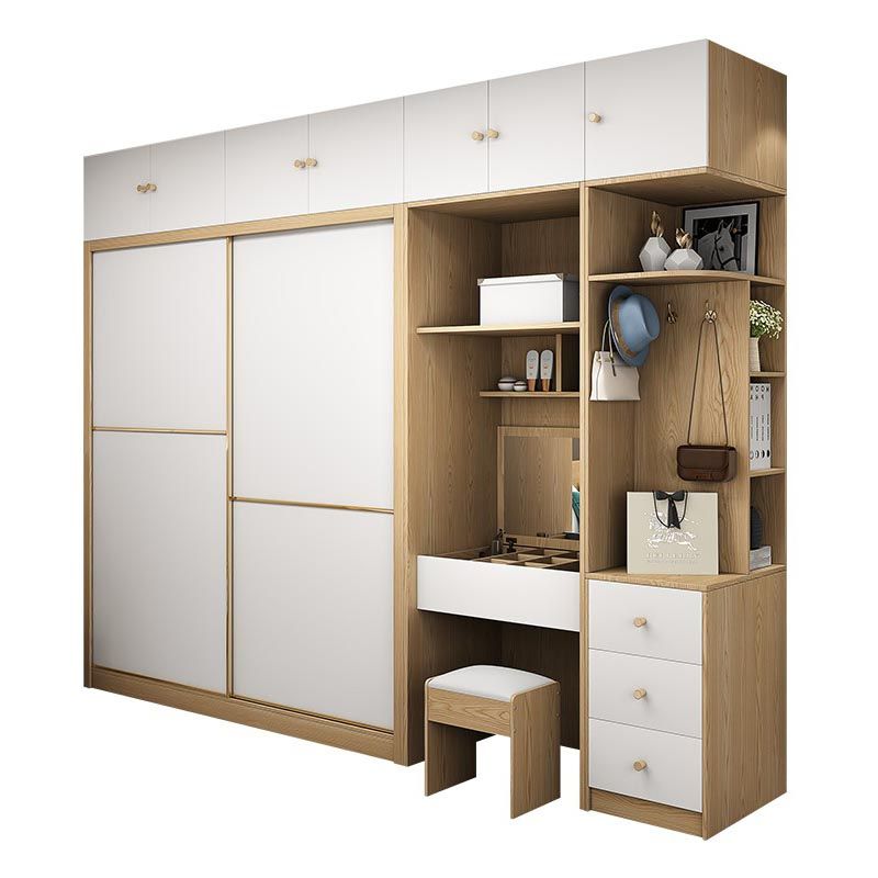 2 Door Clothes Rail Wardrobe Engineered Wood Industrial ArmoireLight Wood Finish