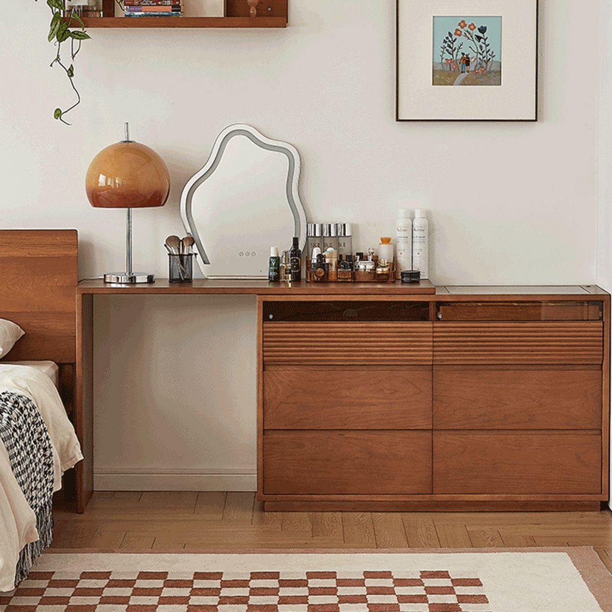 Traditional Wood & Glass Vanity Desk in Cherry with 6 Drawers - 94.5" W