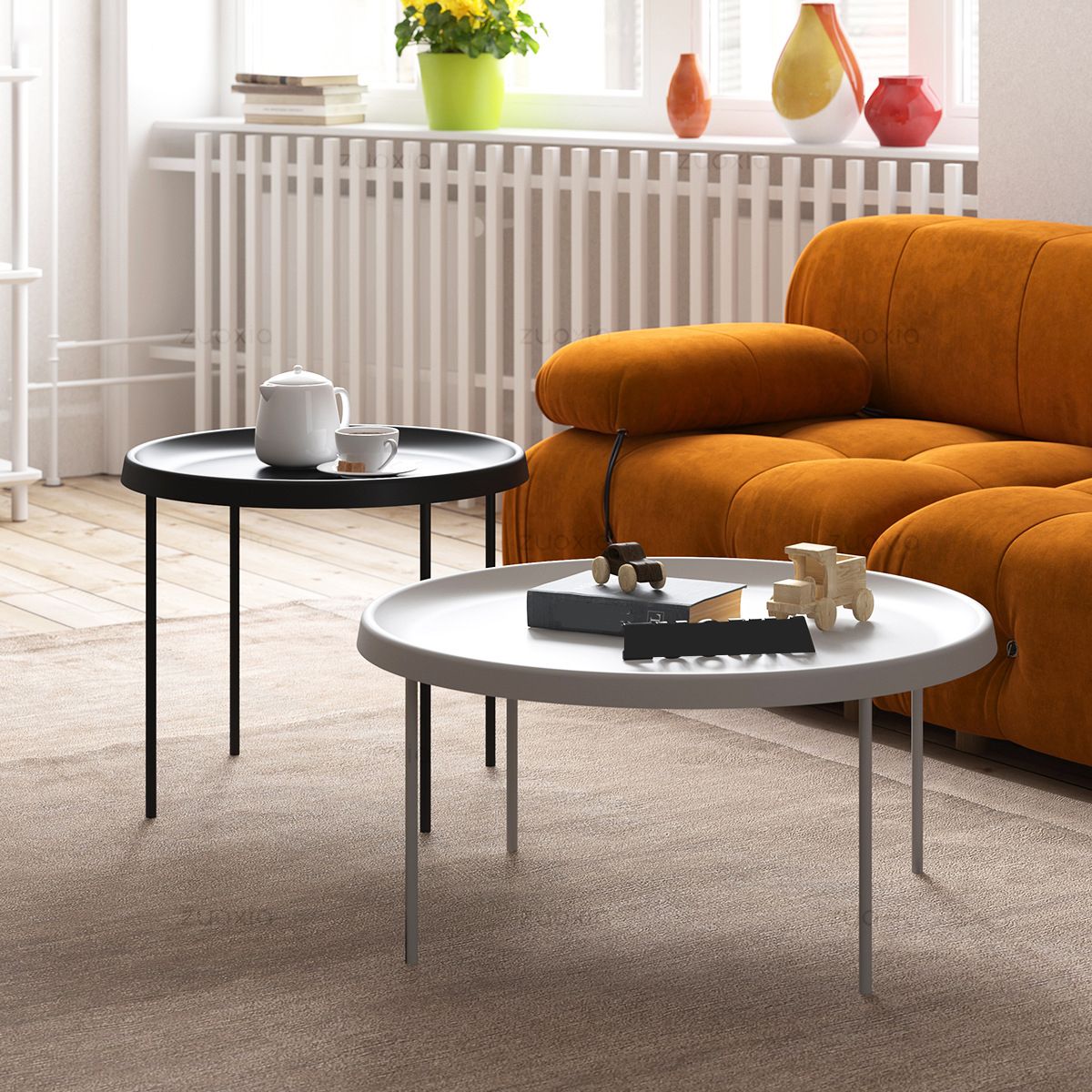 Table basse à plateau rond en acier moderne du milieu du siècle, table de cocktail à 4 pieds