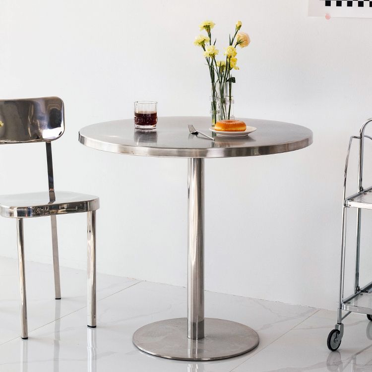 Metal Contemporary Sliver Dining Table Stainless Steel Dining Table with Pedestal Base Clearhalo ' dining_table' 'Dining Tables & Seating' 'Dining Tables' 'furn' 'furn_dining_table' 'Furniture' 'furniture_dining_table' 'Kitchen & Dining Furniture' 'kitchen&dining_furn' 'kitchen' 'kitchen_dining_table' 1200x1200_9e3ea130-4f6b-4079-8c37-232626c74d19