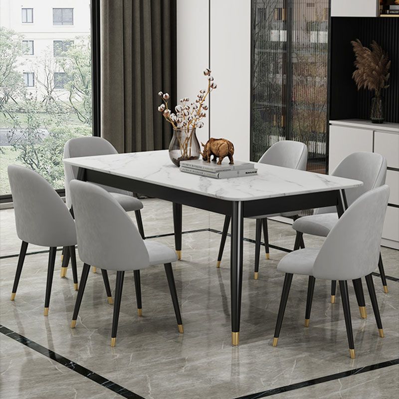 Contemporary Fixed Marble Dining Table Set with 4 Black Metallic Legs Kitchen Dining Set Clearhalo 'Dining Room Sets' 'Dining Tables & Seating' 'dining_room_set' 'furn' 'furn_dining_room_set' 'Furniture' 'furniture_dining_room_set' 'Kitchen & Dining Furniture' 'kitchen&dining_furn' 'kitchen' 1200x1200_9e440bc2-23a9-4798-9d7e-19ffa8dc6d24