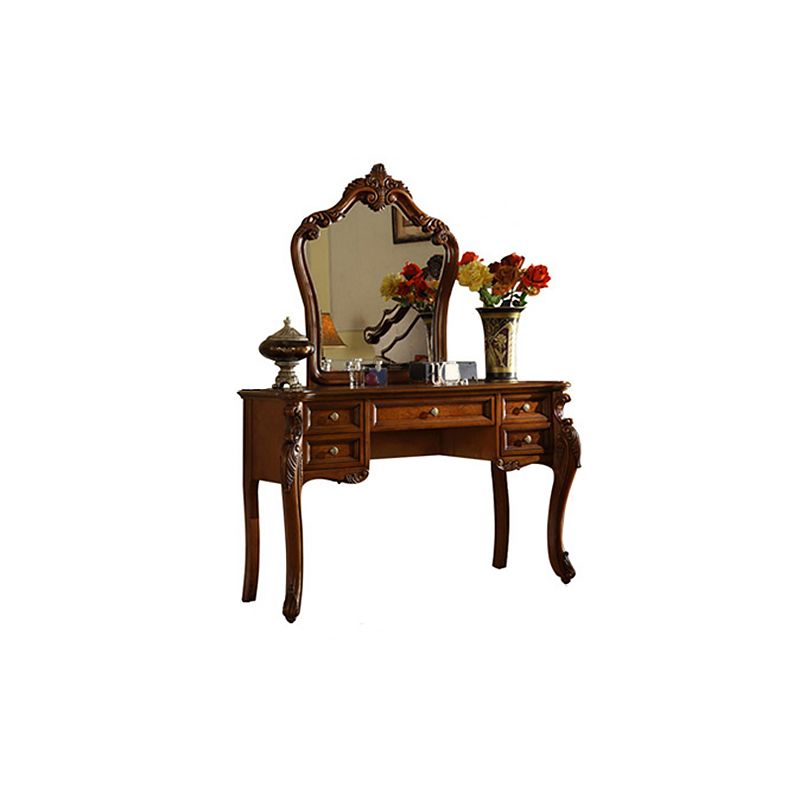 5-Drawer Solid Wood Vanity Makeup Dressing Table with Mirror & Stool in Brown