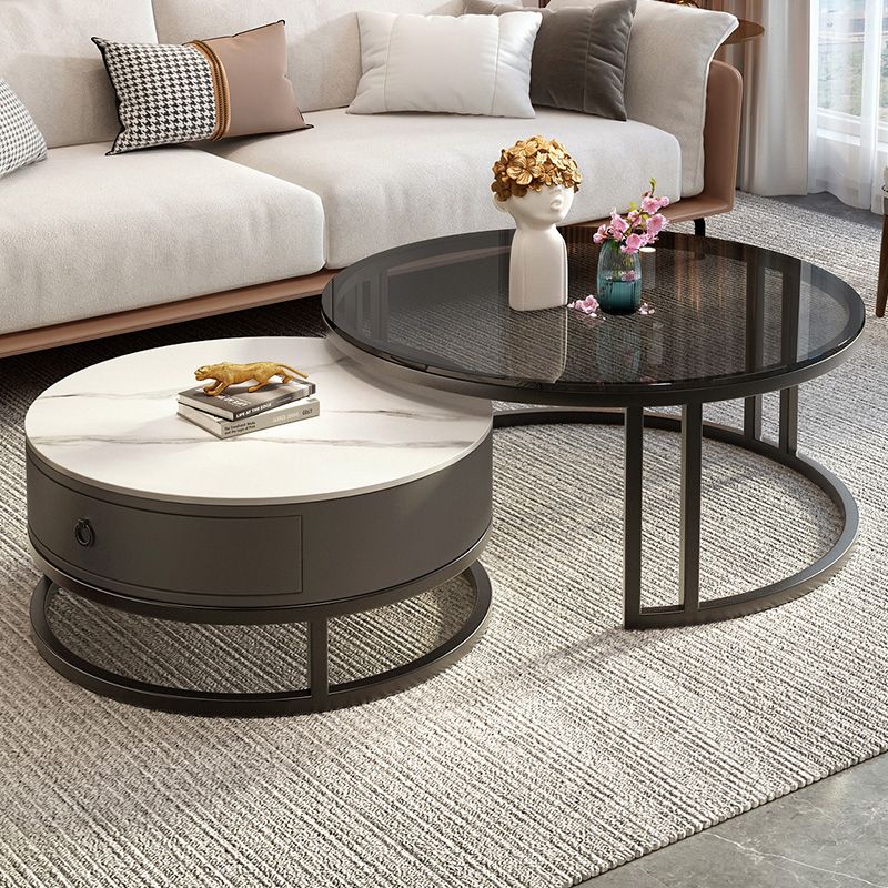 Table basse ronde avec plateau en verre, ensemble de 2 tables basses gigognes avec rangement