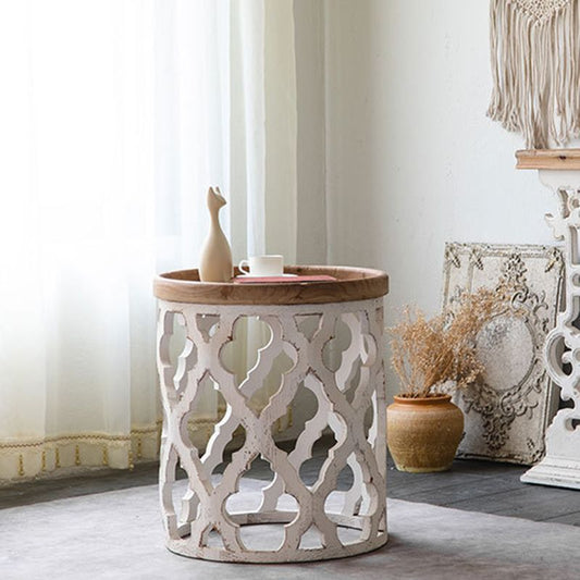 Rustic Drum Side Table Solid Wood Sofa Side Accent Table in Distressed White Clearhalo 'Coffee & Accent Tables' 'End & Side Tables' 'end_side_tables' 'furn' 'furn_end_side_tables' 'Furniture' 'Living Room Furniture' 1200x1200_9e9b75a3-829e-4128-af6f-a2c882f39fe2
