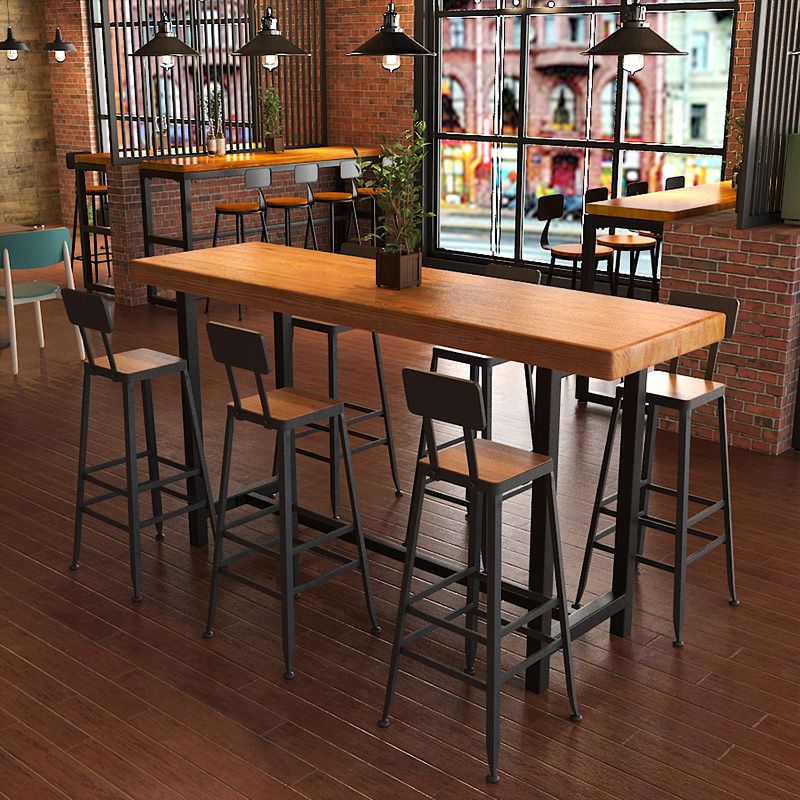 Table de bar de style industriel, bureau de bar de bistro rectangulaire en bois massif avec repose-pieds