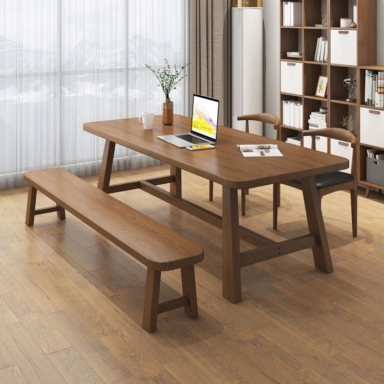 Solid Wood Rectangle Writing Desk H-Base 29.53" Tall Office Desk in Brown