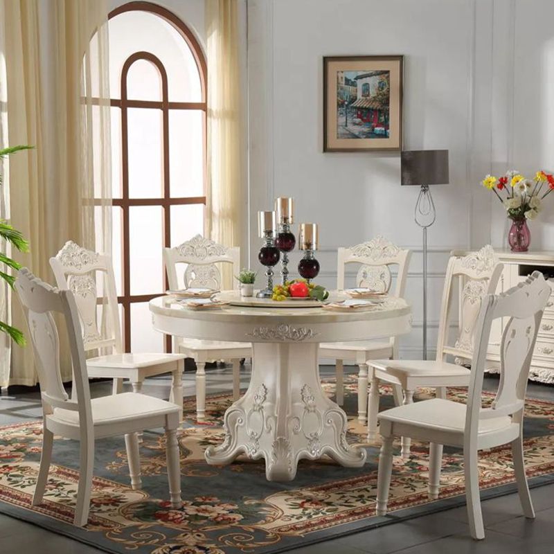 Round Marble Dining Site Table Pedestal Base Dining Room Collection with Turntable