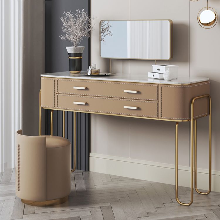 2 Storage Drawers Mirrored Vanity Set Genuine Leather Make-up Vanity