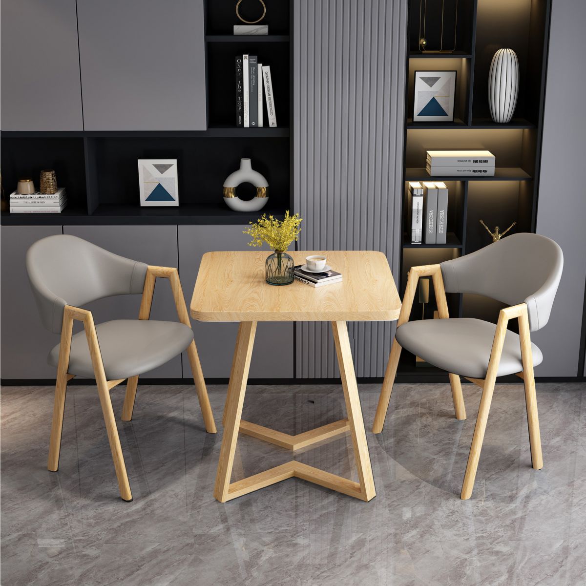 Mesa de comedor de madera moderna, mesa de comedor cuadrada con pedestal doble para el hogar