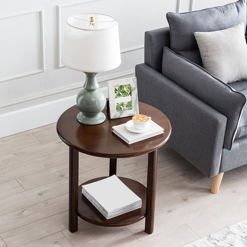 Nordic Style 3 Legs Base Design Round Solid Wood Table with Storage Shelf Side Table