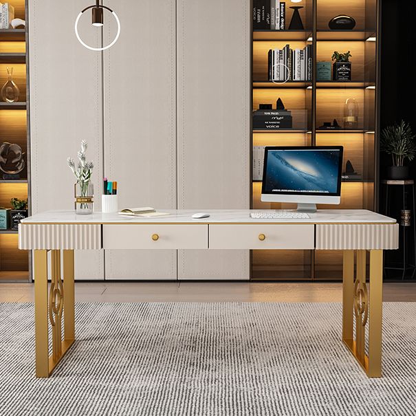 Escritorio de la oficina de 2 cavadores de estilo glamoroso con base de piedra sinterizada con base de trineo