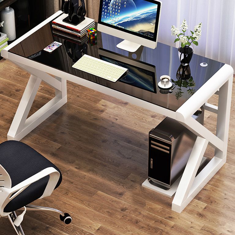 Contemporary Rectangular Computer Desk Toughened Glass Desktop Trestle Base Desk Clearhalo 'furn' 'furn_office_desk' 'Furniture' 'furniture_office_desk' 'Office Desks' 'Office Furniture' 'office_desk' 1200x1200_9f6962f8-be84-435f-8883-8fff69cf36ed