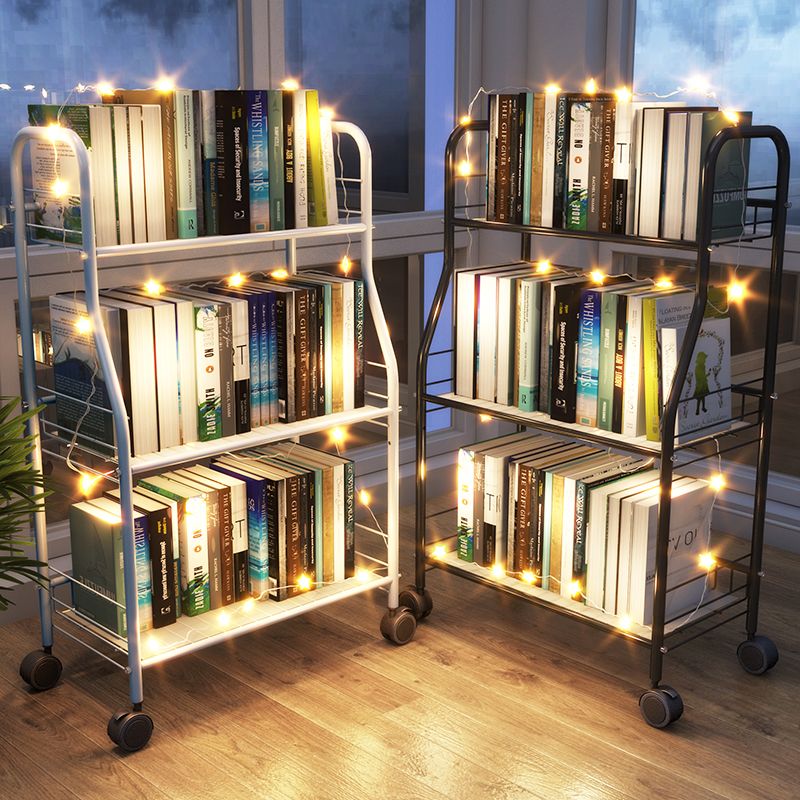Modern Steel Bookshelf with Wheels Open Bookcase for Living Room