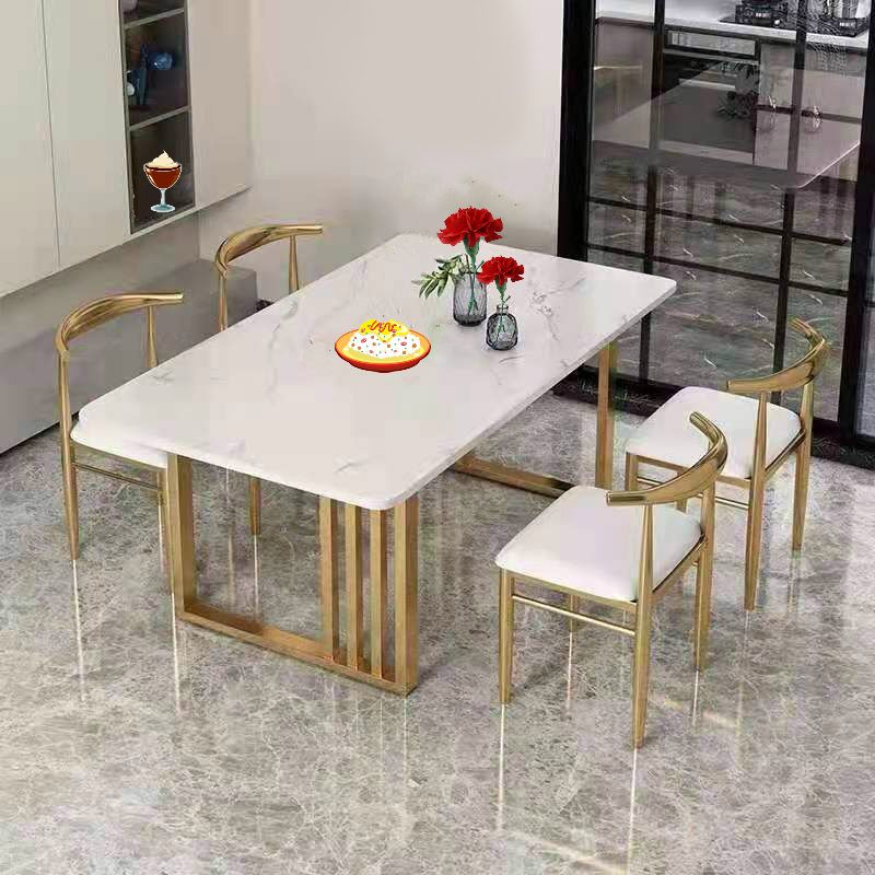 Glam Stone Dining Table Rectangle Iron Table with Double Pedestal Table