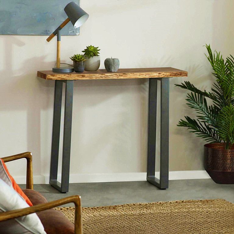 Tavolo di divano in legno massiccio tavolo da console moderna di metà secolo con gambe in slitta in marrone