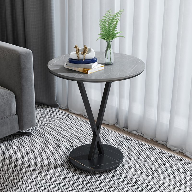 Modernistic Slate Top Round Side End Table Metal X-base End Table