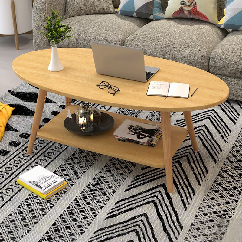 Tavolo da caffè in legno massiccio ovale moderno con scaffale di stoccaggio e 4 gambe