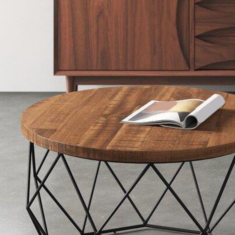 Contemporary Solid Wood Coffee Table with Round Top and Metal Base
