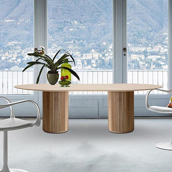 Oval Double Pedestal Modern Dining Table Brown Tone Fixed Table with Solid Wood Clearhalo ' dining_table' 'Dining Tables & Seating' 'Dining Tables' 'furn' 'furn_dining_table' 'Furniture' 'furniture_dining_table' 'Kitchen & Dining Furniture' 'kitchen&dining_furn' 'kitchen' 'kitchen_dining_table' 1200x1200_9fe08600-aad6-4996-8baf-a4a3deb17b31