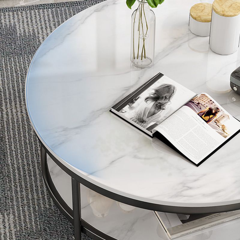 17.7" H Glam Round Slate Coffee Table Metal 4 Legs Cocktail Table with Shelf Clearhalo 'Coffee & Accent Tables' 'Coffee Tables' 'coffee_tables' 'furn' 'furn_coffee_tables' 'Furniture' 'Living Room Furniture' 1200x1200_9fe75cc9-1029-4f2d-9fb9-d09f25093f87