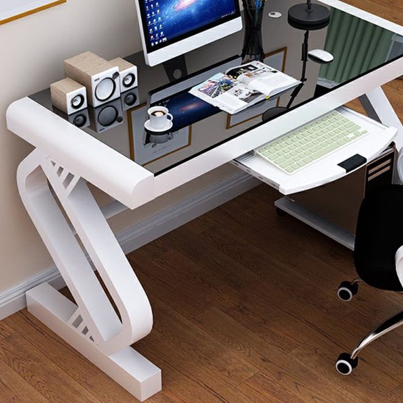 Contemporary Gaming Desk Antique Finish Glass Top Office Desk with Metal Legs Clearhalo 'furn' 'furn_office_desk' 'Furniture' 'Office Desks' 'Office Furniture' 'office_desk' 1200x1200_9ffe332c-c822-43e9-9e4e-843a73e50a4e