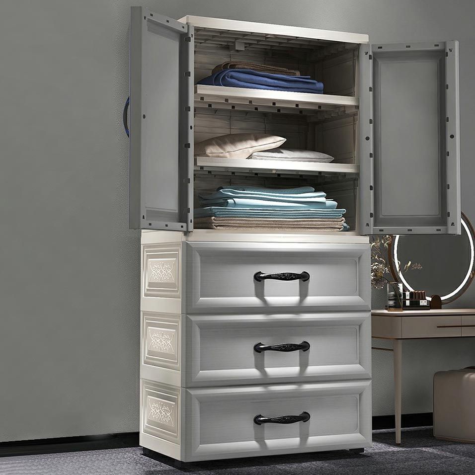 Armadio moderno bianco moderno a 2 porte con cassetti del guardaroba di plastica