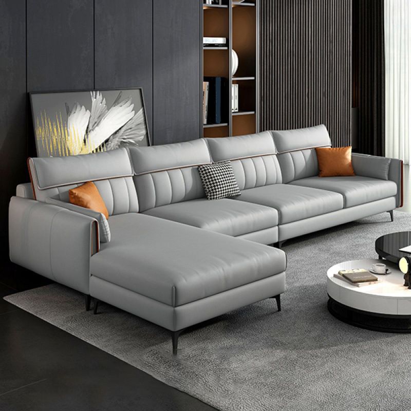 Sectional de cuero falso moderno con 4 almohadas para 4 personas