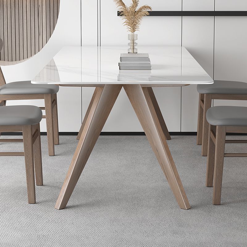 Modern Sintered Stone White Table Dining Table with Wooden Base and 4 Legs