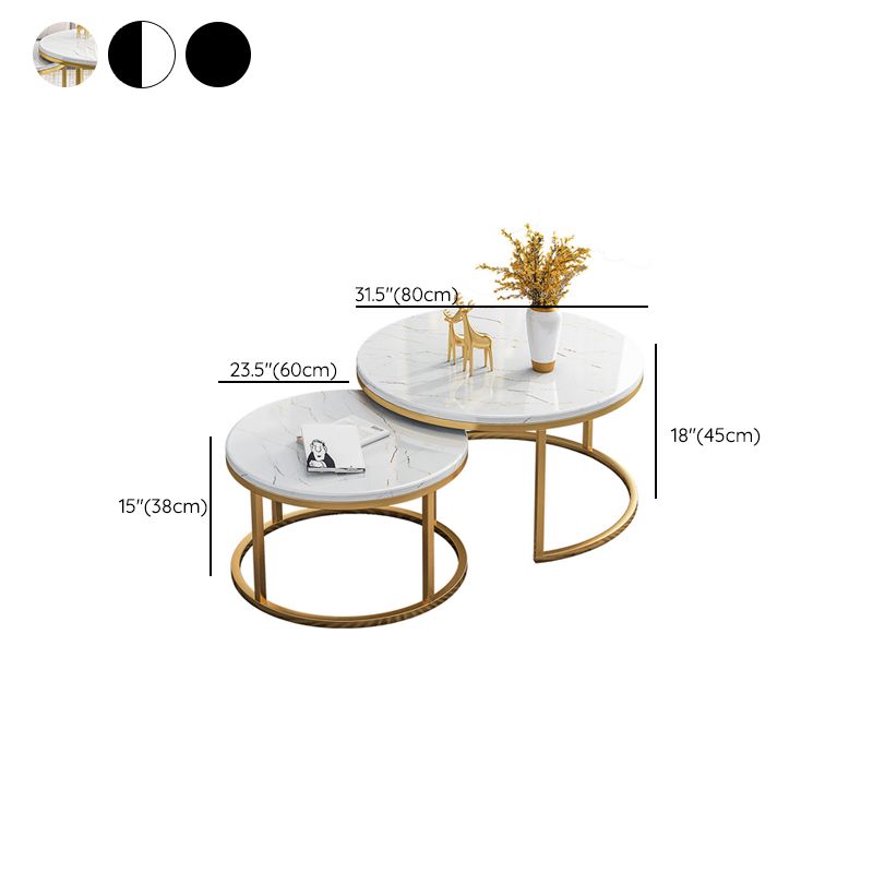 Ensemble de table basse gigogne avec plateau en marbre Glam, plateau rond et base en fer