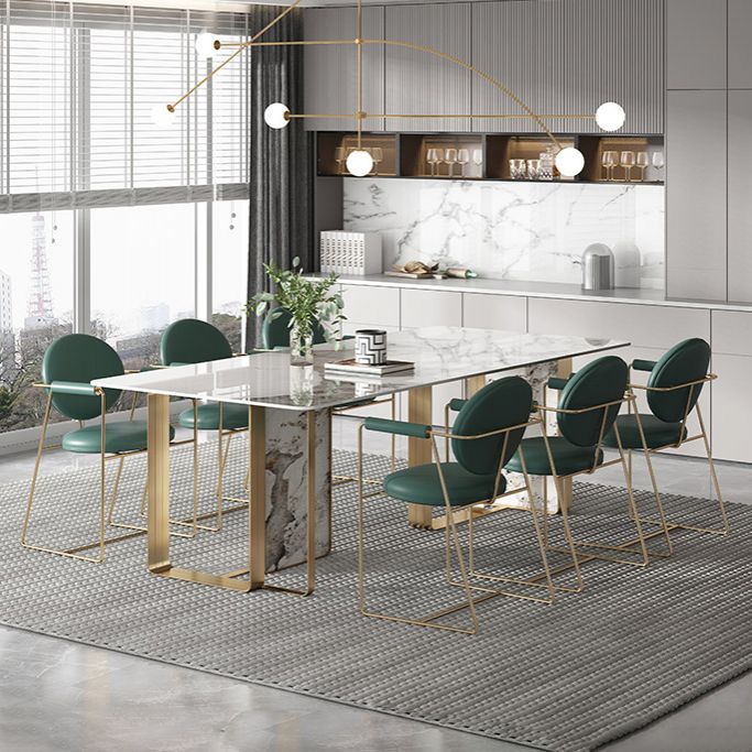 Contemporary Style Sintered Stone Dining Table with White Fixed Table and Double Pedestal Base Clearhalo 'Dining Room Sets' 'Dining Tables & Seating' 'dining_room_set' 'furn' 'furn_dining_room_set' 'Furniture' 'furniture_dining_room_set' 'Kitchen & Dining Furniture' 'kitchen&dining_furn' 'kitchen' 1200x1200_a059d286-9b0e-4890-9a87-20fef615187a