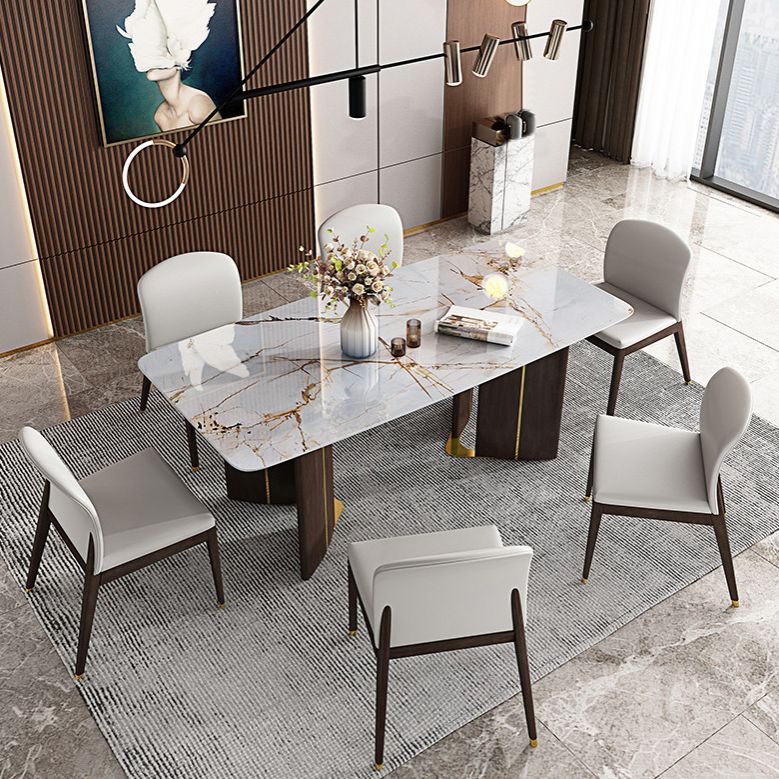 Juego de comedor rectangular de 1/4/5/6/7 piezas, mesa de comedor con tapa de piedra sinterizada y sillas de cuero