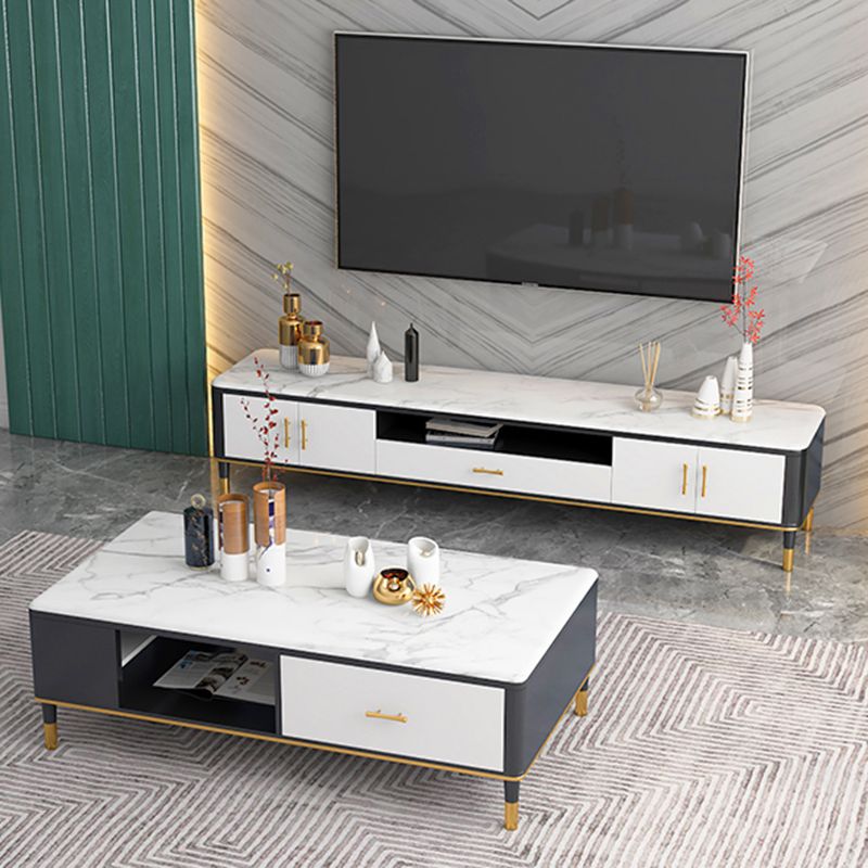 Glam Style TV Stand Stone White Color Open Rangement TV Console avec étagères