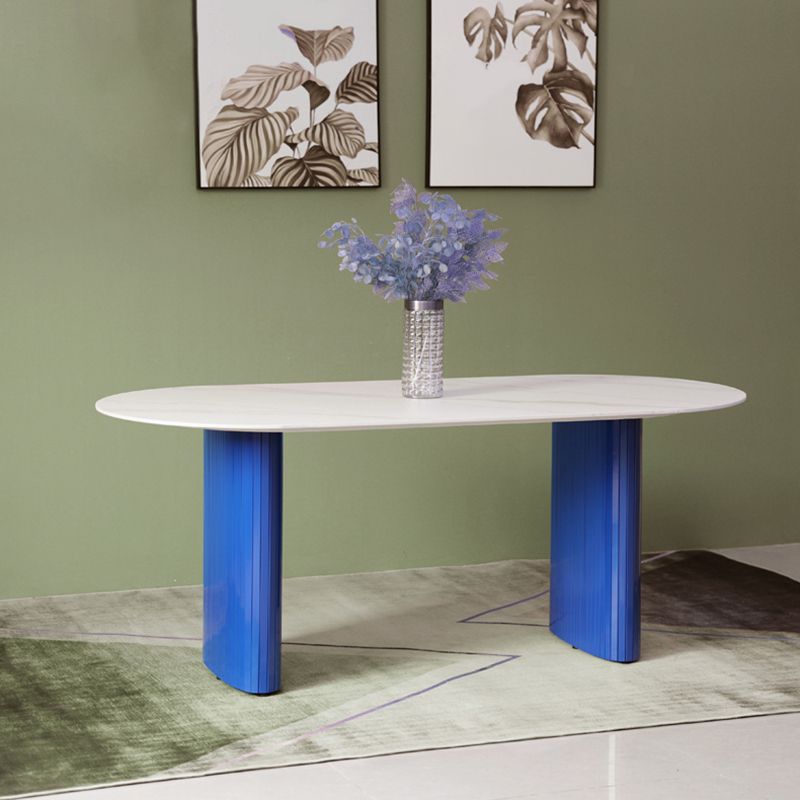 Modern White & Blue Sintered Stone Dining Table Oval Shape Dining Table with Double Pedestal Bases Clearhalo ' dining_table' 'Dining Tables & Seating' 'Dining Tables' 'furn' 'furn_dining_table' 'Furniture' 'furniture_dining_table' 'Kitchen & Dining Furniture' 'kitchen&dining_furn' 'kitchen' 'kitchen_dining_table' 1200x1200_a089fc6d-8345-4356-b74c-8acd2a345909