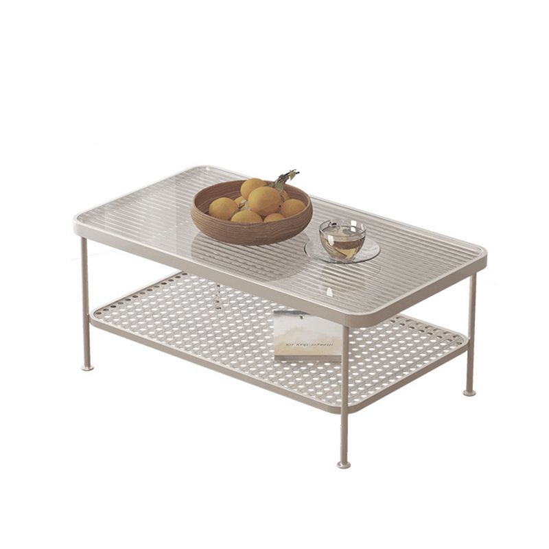 Table basse rectangulaire en verre de 15,75 po, table de cocktail à 4 pieds en fer avec étagère