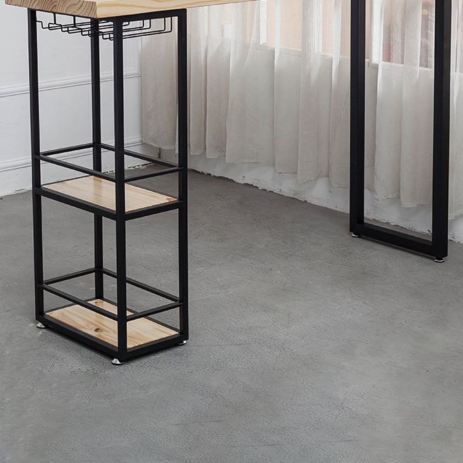 Mesa de comedor rectangular natural, mesa de altura de barra de madera maciza con pedestal y estantes