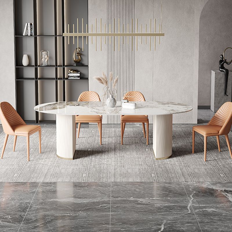 Oval Shape Fixed Kitchen Table Luxury Sintered Stone Double Pedestal Table Clearhalo 'Dining Tables & Seating' 'Dining Tables' 'dining_table' 'furn' 'furn_dining_table' 'Furniture' 'Kitchen & Dining Furniture' 1200x1200_a0bfffd5-9d19-4048-a714-bcc4aecc8c1f