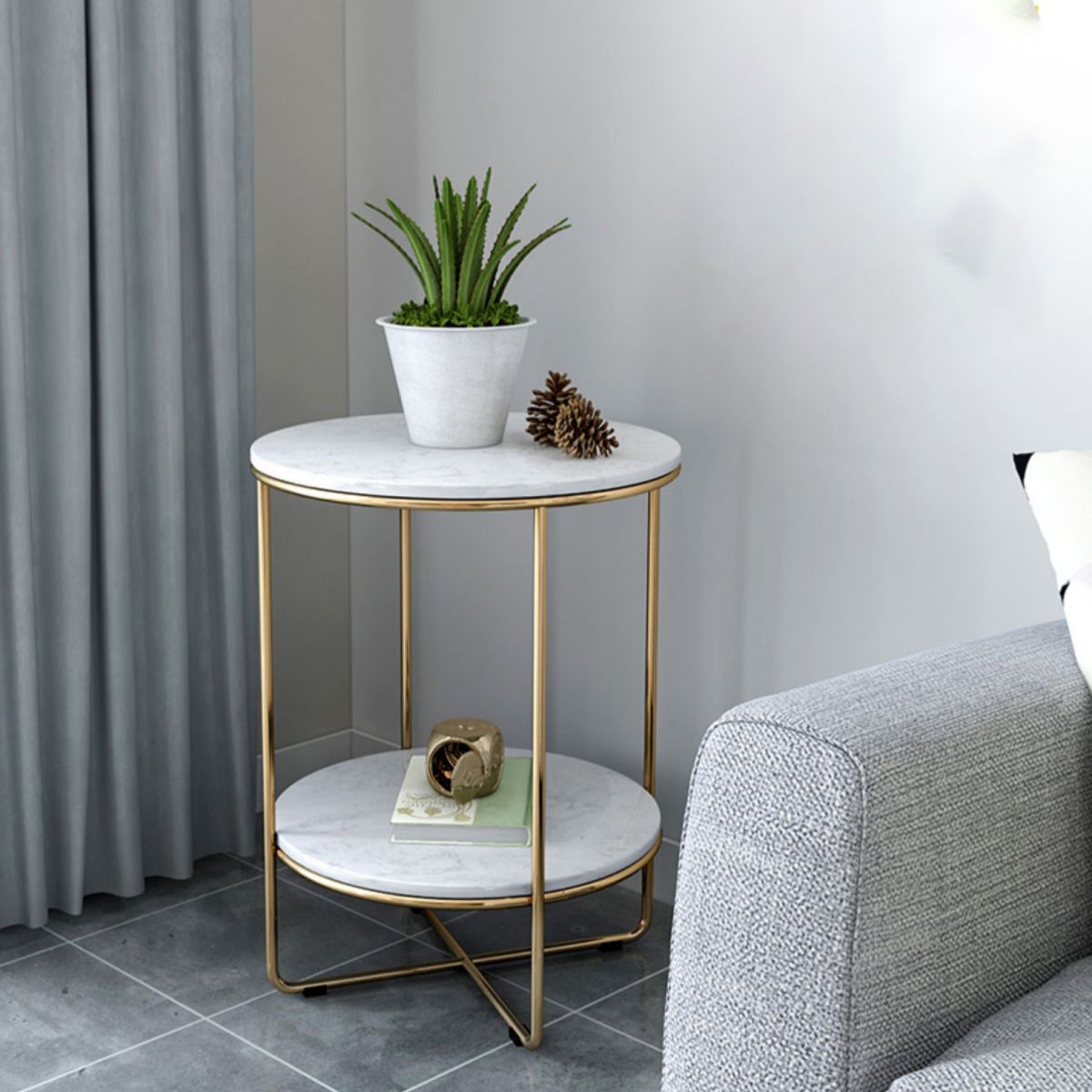 23.62 "Cama de altura Mesa de mármol nocturna con 2 estantes