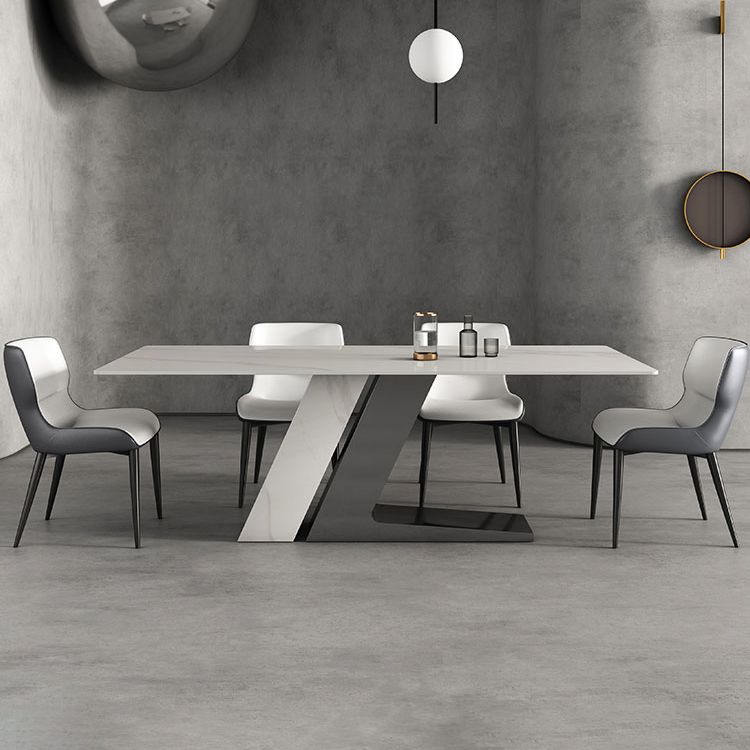 Modern Style Sintered Stone Dining Set with White Rectangle Shape Table and Double Pedestal Base Clearhalo 'Dining Room Sets' 'Dining Tables & Seating' 'dining_room_set' 'furn' 'furn_dining_room_set' 'Furniture' 'furniture_dining_room_set' 'Kitchen & Dining Furniture' 'kitchen&dining_furn' 'kitchen' 1200x1200_a0fee515-23dc-4b16-bdcf-ffdb4d2bfbc8