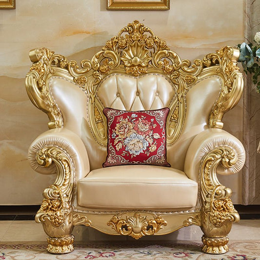 Gold Genuine Leather Sofa Tufted Split-Back Rolled Arm Sofa for Living Room